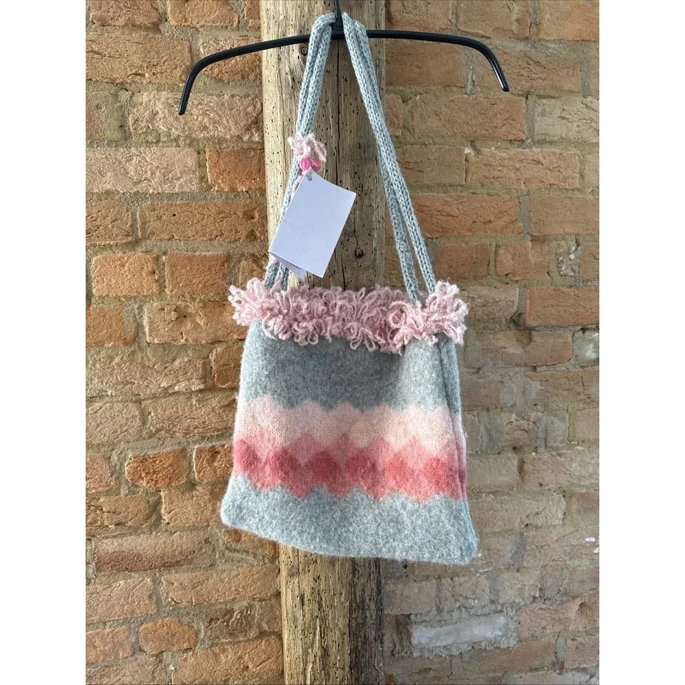 Upcycled Pink Grey Sweater‎ Bag Market Tote Double Handle Hobo OOAK Lined
